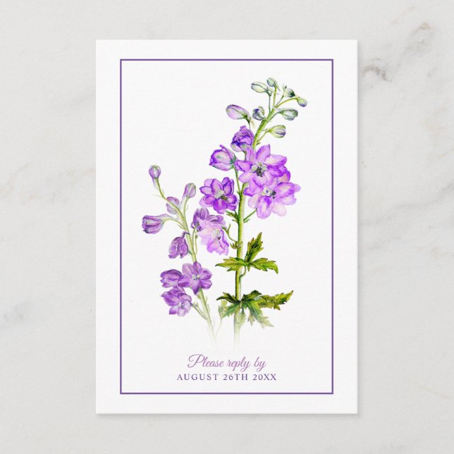 Hochzeitsantwort lila Delphinium-Blume Grenze Begleitkarte (Vorderseite)