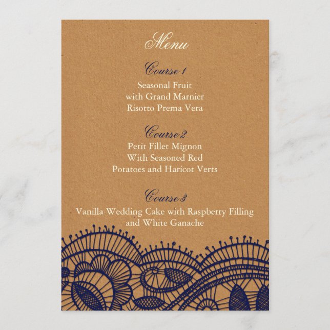 Hochzeitsarbeiten für Navy Lace und Kraft Papier Menükarte (Vorderseite)