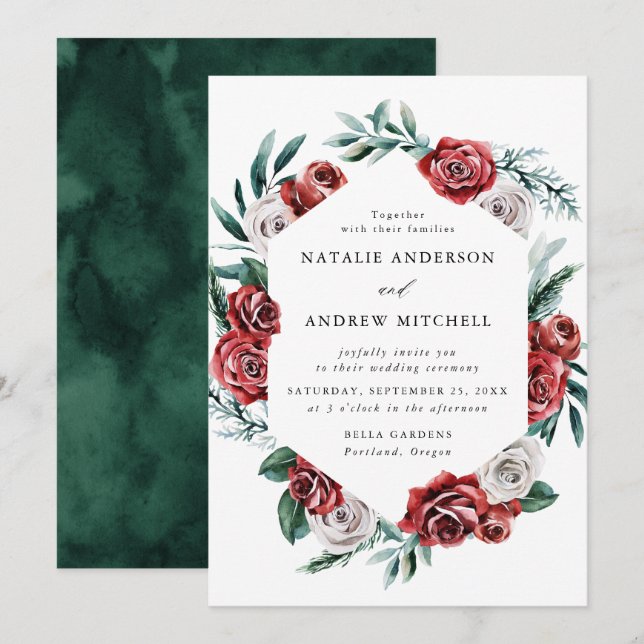 Hochzeitsarbeiten mit Watercolor Roses und White R Einladung (Vorne/Hinten)