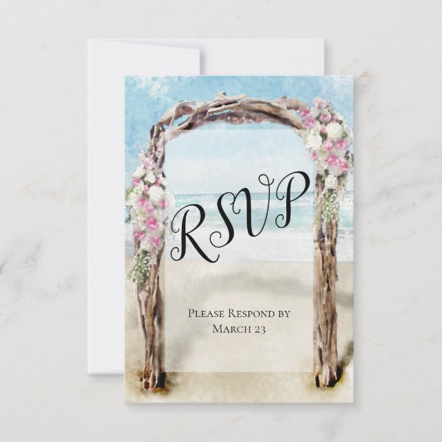 Hochzeitsarsch am Strand mit Rose RSVP Karte (Vorderseite)
