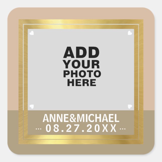 Hochzeitsaufkleber / Foto mit Paarnamen Quadratischer Aufkleber (Vorderseite)