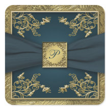 Hochzeitsaufkleber für aquamarine und Goldflorale