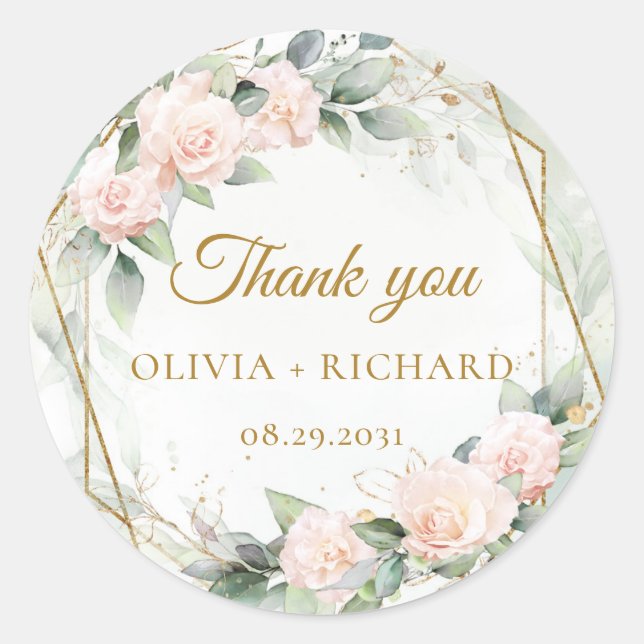 Hochzeitsaufkleber für Boho-Blüten und Goldrahmen Runder Aufkleber (Vorderseite)