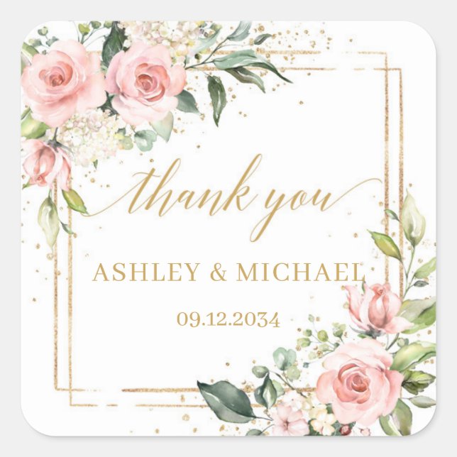 Hochzeitsaufkleber für Boho, Rose und Goldgrün Quadratischer Aufkleber (Vorderseite)