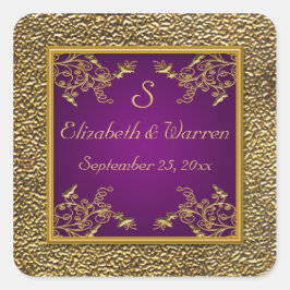 Hochzeitsaufkleber für lila und Goldflorale Quadratischer Aufkleber