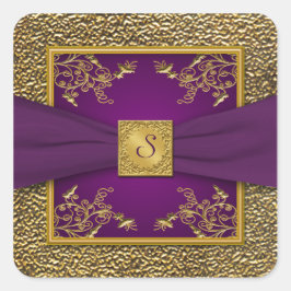 Hochzeitsaufkleber für lila und Goldflorale Quadratischer Aufkleber