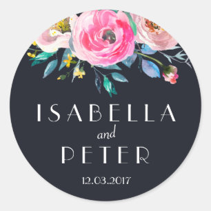 Hochzeitsaufkleber für Navy Pink Floral Runder Aufkleber