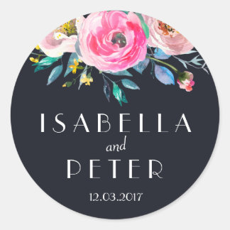 Hochzeitsaufkleber für Navy Pink Floral Runder Aufkleber