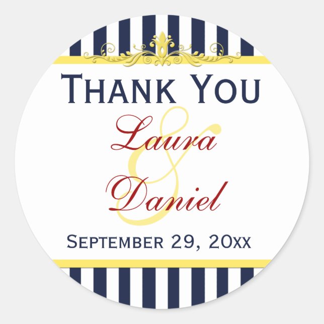 Hochzeitsaufkleber für Navy, White Yellow Stripes Runder Aufkleber (Vorderseite)