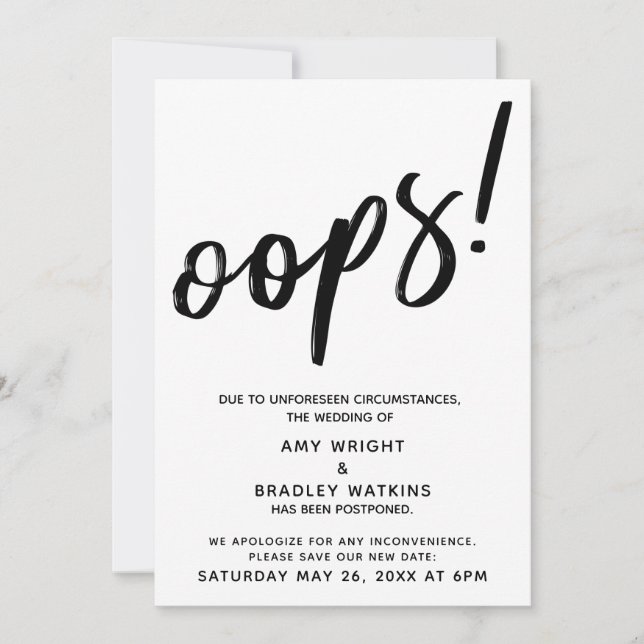 Hochzeitsaufschub Humorvolle "Oops"! Ankündigung (Vorderseite)