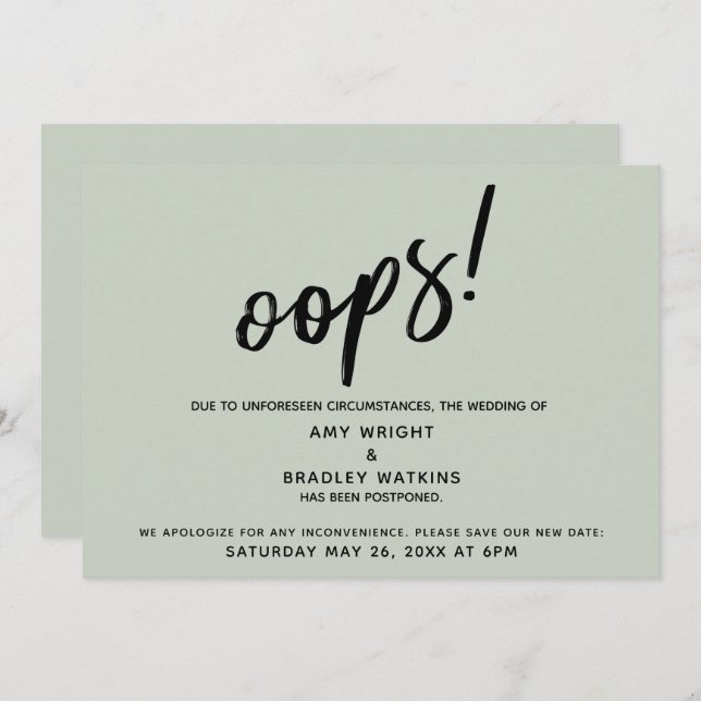 Hochzeitsaufschub Humorvolle "Oops"! Green Card Einladung (Vorne/Hinten)