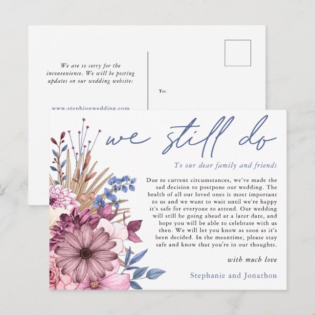 Hochzeitsaufschub machen wir noch immer Skriptflöt Ankündigungspostkarte (Vorne/Hinten)