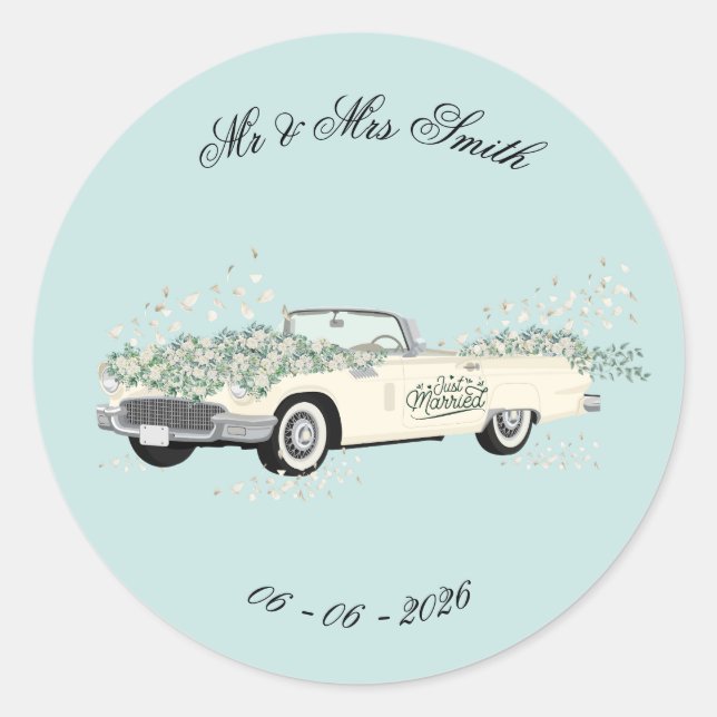 Hochzeitsauto Favor Sticker im Vintage-Stil (Vorderseite)