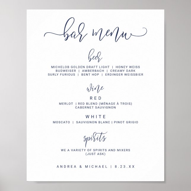 Hochzeitsbar-Menüschild - Bounce Script (Navy Blau Poster (Vorne)