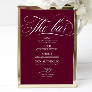Hochzeitsbar-Menüschild Chic Burgunder Marsala Poster