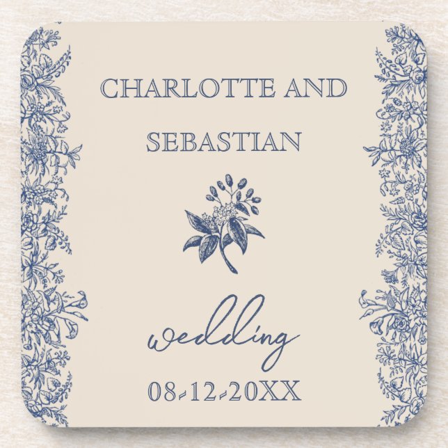 Hochzeitsblau-botanische Grenze Vintag Getränkeuntersetzer (Vorderseite)