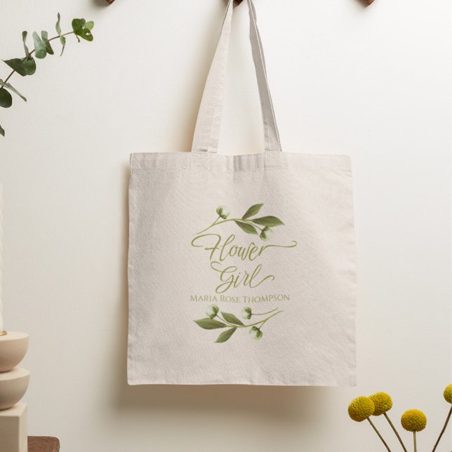 Hochzeitsblume Girl Bloral Personalisiert schön Tragetasche (Personalized flower girl tote bag with greenery botanical design and elegant calligraphy.)