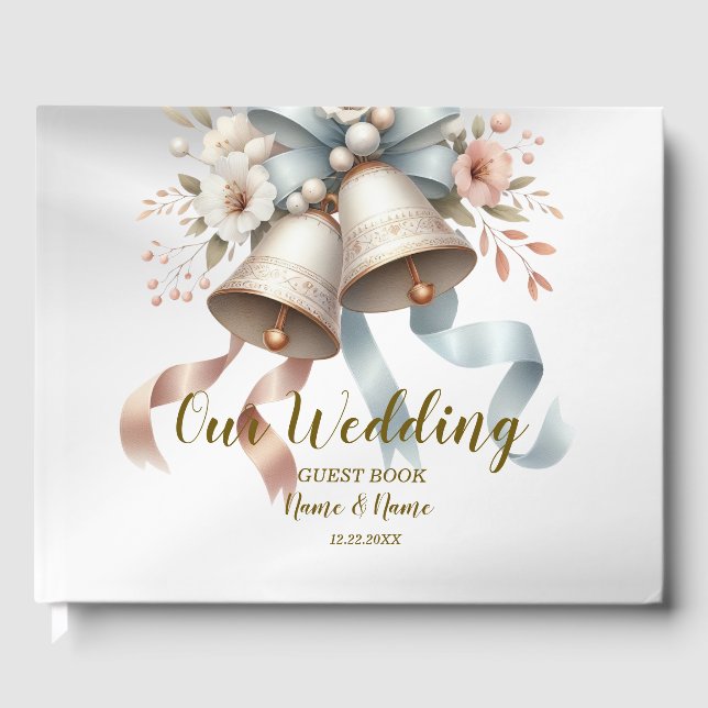 Hochzeitsblumen Bells Pink Blue Ribbons Schöne Gästebuch (Vorderseite)