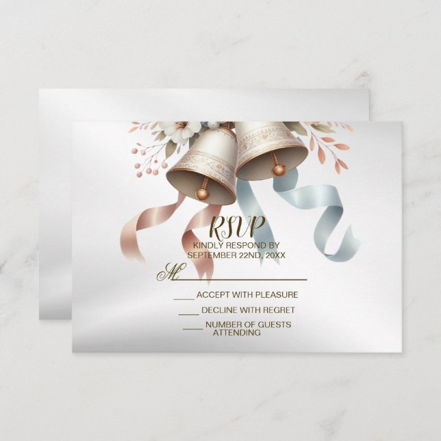 Hochzeitsblumen Bells Pink Blue Ribbons Schöne RSVP Karte (Vorne/Hinten)