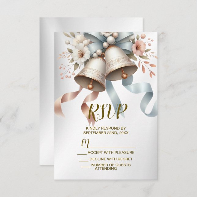 Hochzeitsblumen Bells Pink Blue Ribbons Schöne RSVP Karte (Vorne/Hinten)