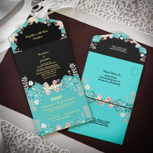 Hochzeitsblumen Wasserfarbe Florals Schwarzer Film All-in-One-Einladung