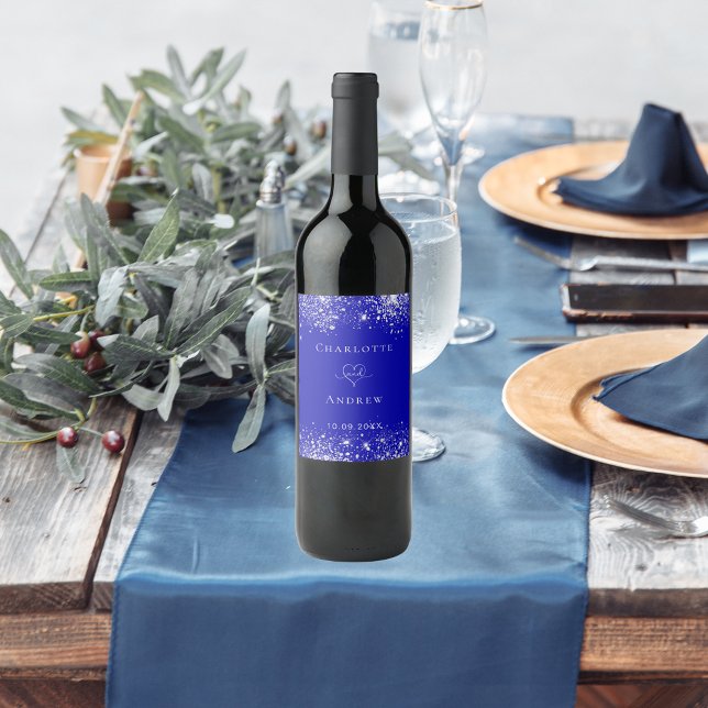 Hochzeitsblumenbräu des königsblauen Glitzer Weinetikett (Von Creator hochgeladen)