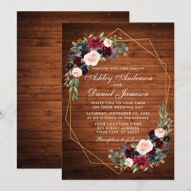 Hochzeitsblumengeometrischer Rahmen aus Holz Einladung (Vorne/Hinten)