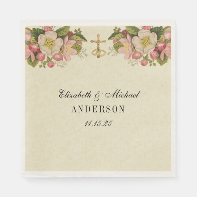 Hochzeitsblumenkreuz Vintage Kirschblüten Serviette (Vorderseite)