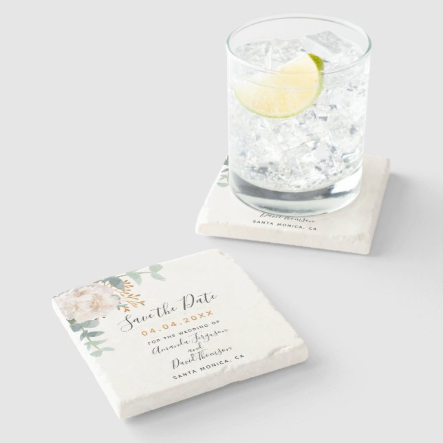 Hochzeitsblumenöle Save the Date Steinuntersetzer (Seitenansicht)