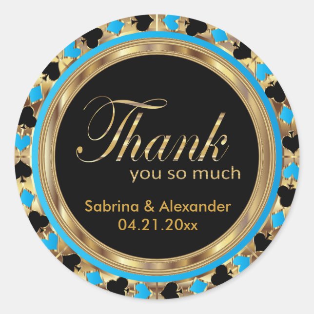 HochzeitsChip in Blau und Gold für Poker | Vielen  Runder Aufkleber (Vorderseite)