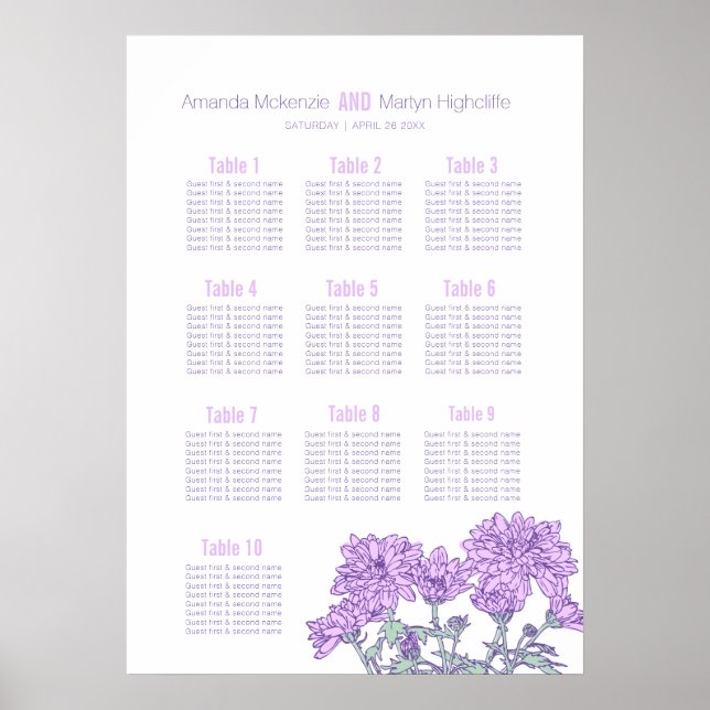 Hochzeitschrysanthemum lila Blume Art Table Plan Poster (Vorne)