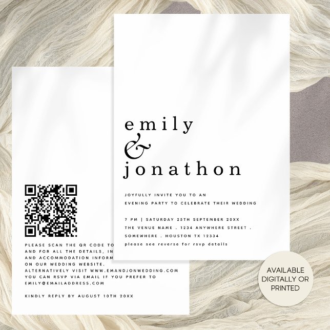 Hochzeitscodierung für Minimalistischen Text QR Co Einladung (Front and back view evening party invite. Available digitally or printed. Matching items available)