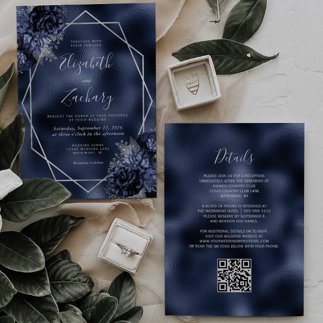 Hochzeitscodierung für Navy Blue Floral Silver Fra Einladung (Von Creator hochgeladen)
