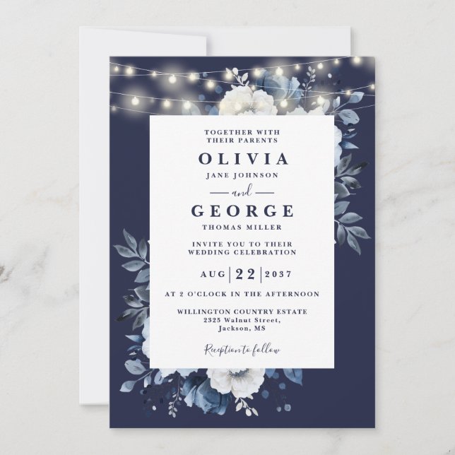 Hochzeitscodierung für Navy Blue Floral String Lig Einladung (Vorderseite)