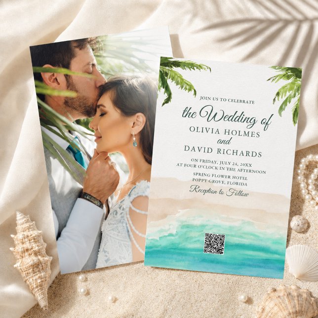 Hochzeitscodierung für Wasserfarben Beach Foto & Q Einladung (Watercolor Beach Photo & QR Code Wedding Invitation)