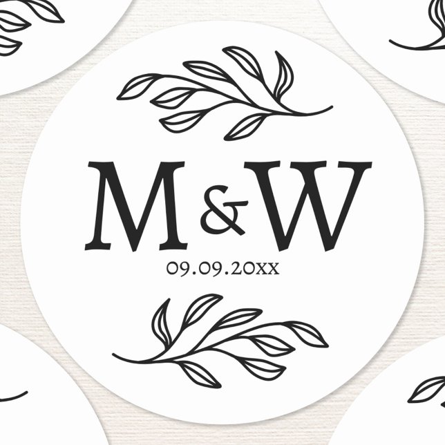 Hochzeitscouple Monogram Date Elegant Botanical Runder Aufkleber (Wedding couple monogram initials and date personalized botanical sticker)