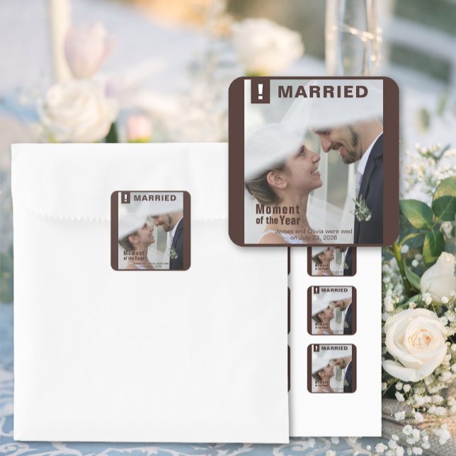 Hochzeitscover zum Fotospass Quadratischer Aufkleber (Wedding Add Photo Fun Magazine Cover Square Stickers)