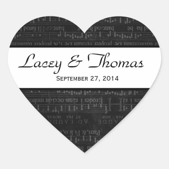 Hochzeitsdamaske Schwarz-Weiß-Musiknoten Herz-Aufkleber (Vorderseite)