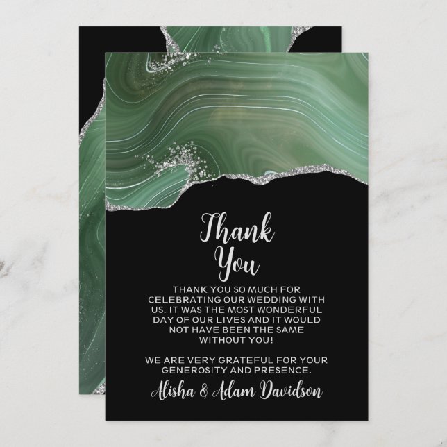 Hochzeitsdanken: Grün Silberner Glitzer Schwarz Dankeskarte (Vorne/Hinten)