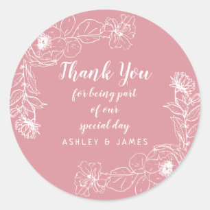 Hochzeitsdanken Ihnen Weiße Kontur Rose Rosa Runder Aufkleber