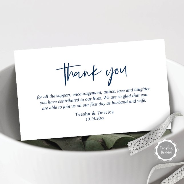 Hochzeitsdanken, Moderne, einfache Skriptumrandung Begleitkarte (Wedding Thank you card, in modern casual script, Navy blue design)