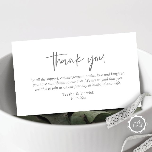 Hochzeitsdanken, Moderne, einfache Skriptumrandung Begleitkarte (Wedding Thank you card, in modern casual script, dark grey design)