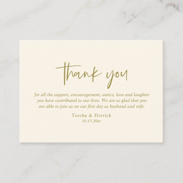 Hochzeitsdanken, Modernes einfaches Script Gold Begleitkarte (Vorderseite)