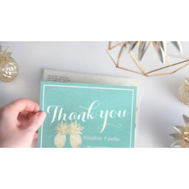 Hochzeitsdanken Sie Gold Ananas Couple Aquamarine Postkarte