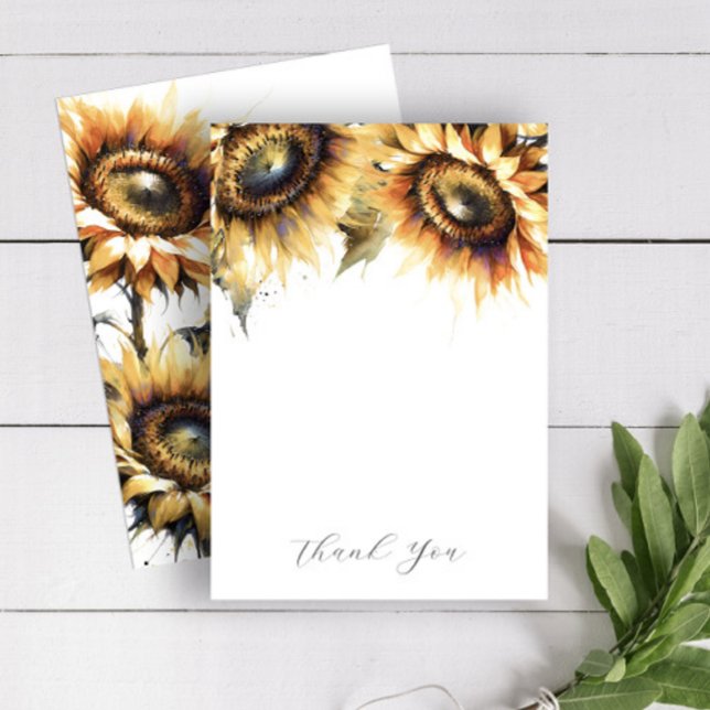 Hochzeitsdanken Sie Karten Gelbe Sonnenblumen (Thank you note cards feature watercolor sunflowers in shades of yellow on Do Tell A Belle)