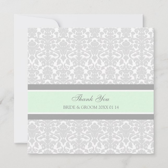 Hochzeitsdanken Sie Karten Green Gray Damask (Vorderseite)