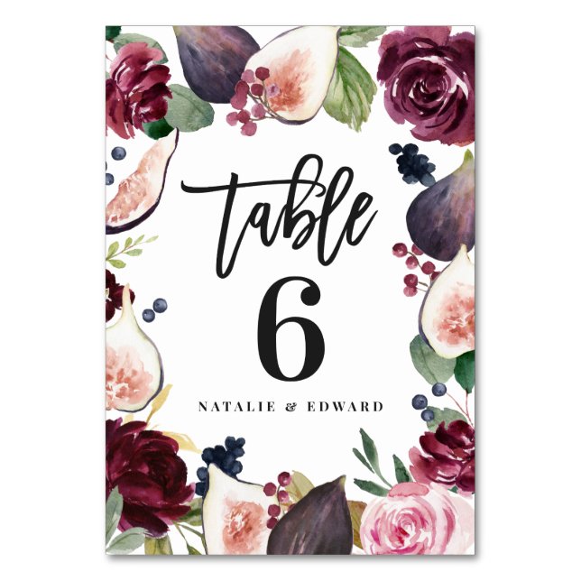 Hochzeitsdekor in Rosa, Bordeaux und Feigenblumen Tischnummer (Vorderseite)