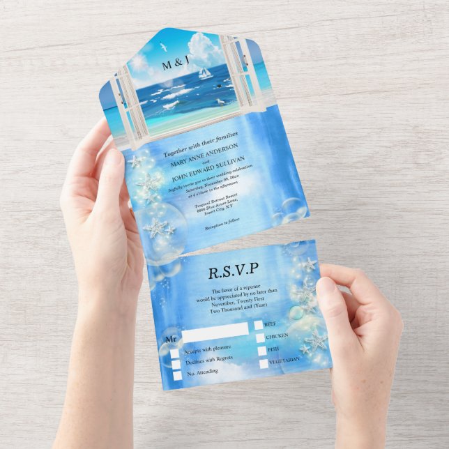 Hochzeitsdestination für tropisch-blaue Ozeane All In One Einladung (Abreißtisch)