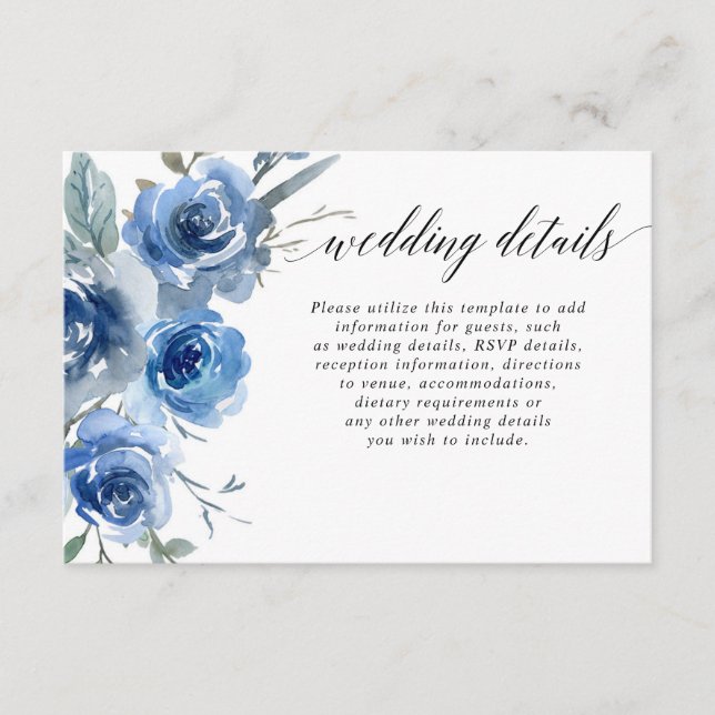 Hochzeitsdetails: Blaues Weiß mit Blütenfarbe Begleitkarte (Vorderseite)