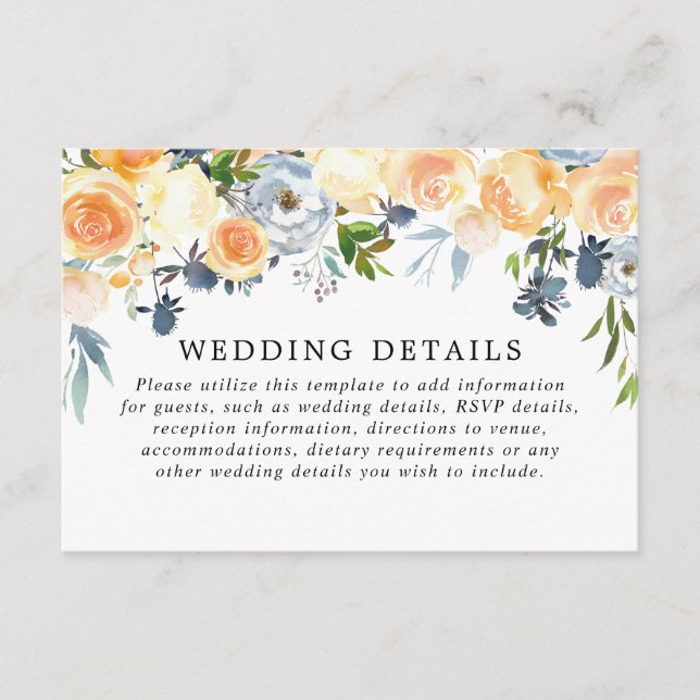 Hochzeitsdetails der Hochzeitskorallen in Blau Begleitkarte (Vorderseite)